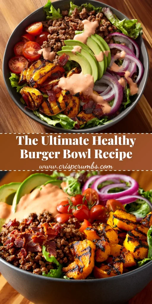 A vibrant and delicious burger bowl loaded with seasoned ground beef, fresh lettuce, tomatoes, cheese, and a creamy special sauce, ready to be eaten.