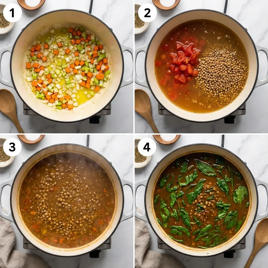High Protein Lentil Vegetable Soup (The Ultimate Recipe) 2 A four-panel image showing the cooking steps for high protein lentil vegetable soup, from sautéing vegetables to simmering the soup.