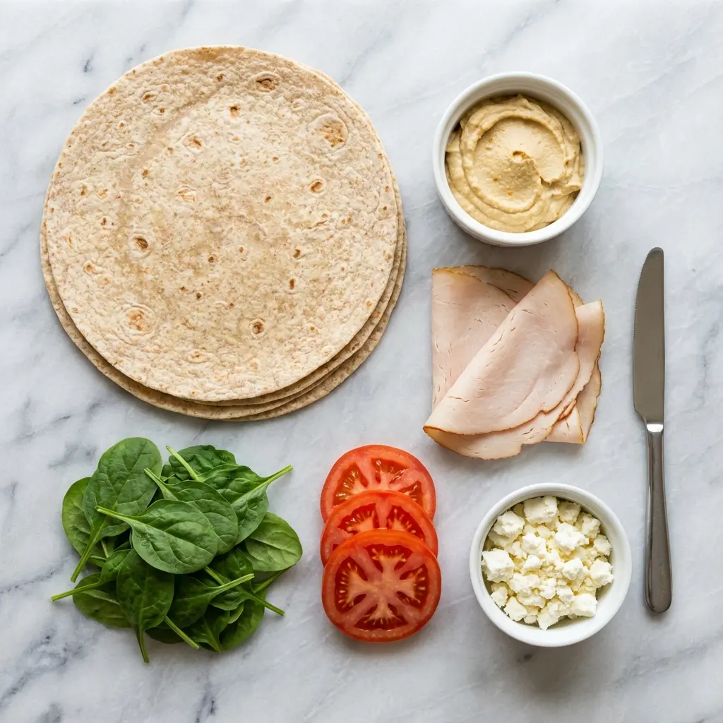 High Protein Turkey Hummus Wrap (Quick & Easy Lunch) 1 Ingredients for the high protein turkey hummus wrap laid out on a marble surface, including tortillas, turkey, hummus, and vegetables.