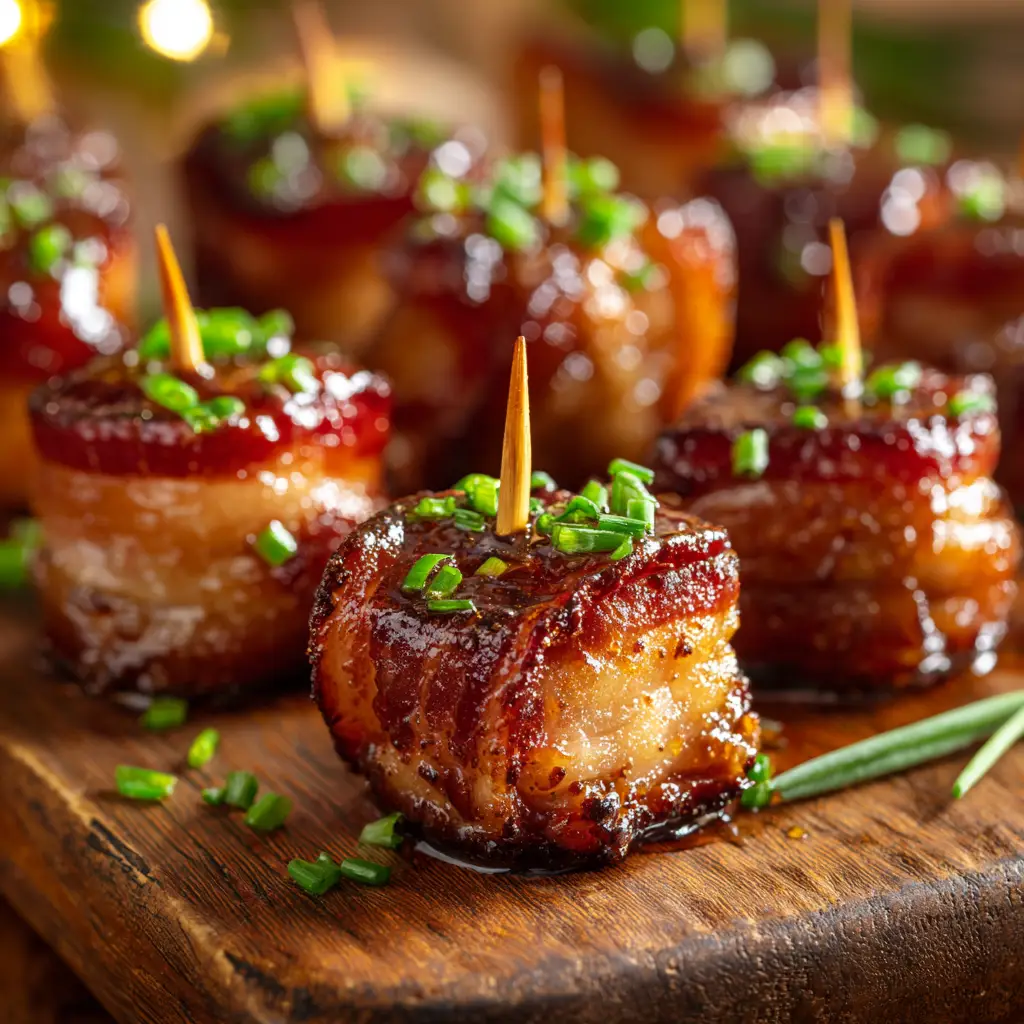 Another perspective on a glistening bacon-wrapped Thanksgiving appetizer. The focus is on the golden-brown puff pastry peeking through the bacon wrap.