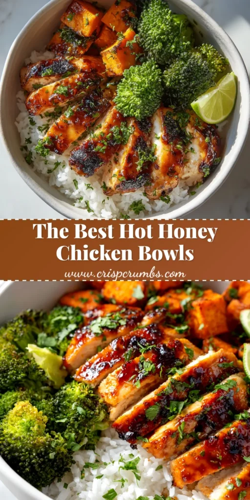 Hot Honey Chicken Bowls: The Ultimate Weeknight Dinner 3 An overhead shot of vibrant Hot Honey Chicken Bowls in white bowls, featuring crispy chicken, broccoli, and rice, garnished with sesame seeds.
