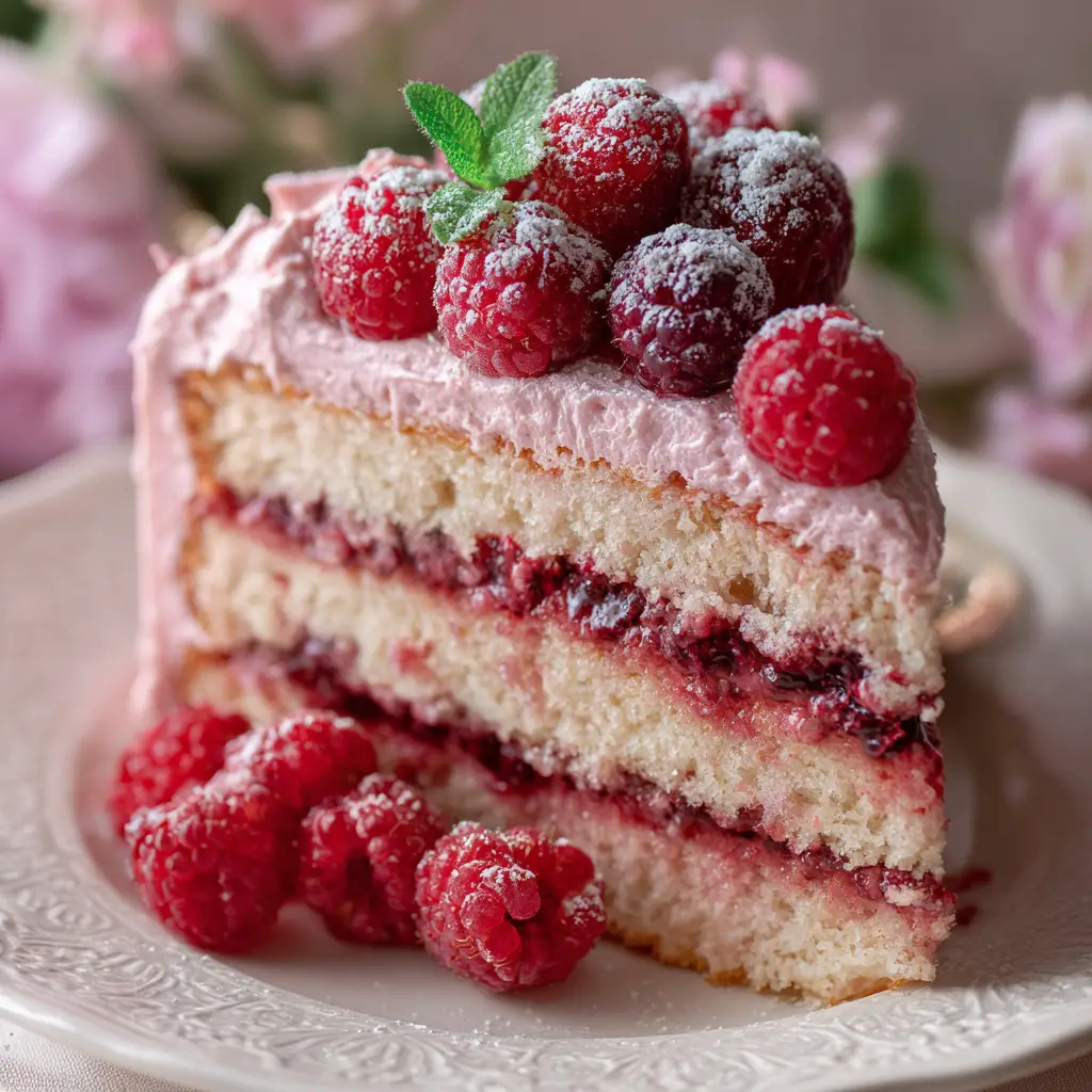 A photo showing the process of assembling the layer cake, with raspberry filling being spread inside a buttercream dam on a vanilla cake layer.