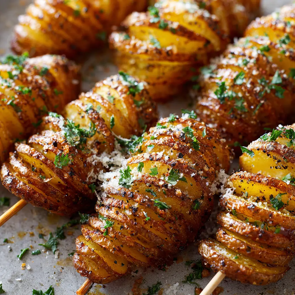 A step-by-step image showing how to fan out the spiral-cut potato on a skewer before cooking.