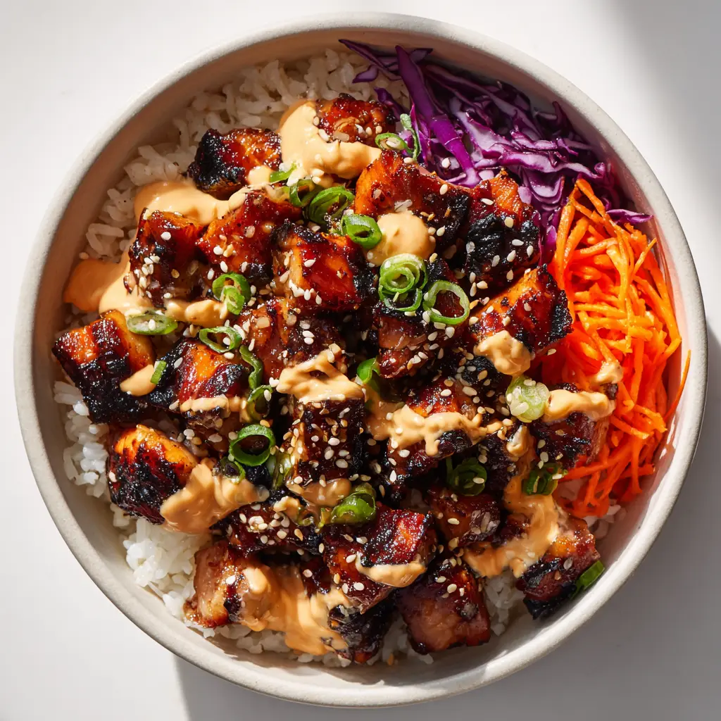 Assembling the Korean BBQ chicken bowls with rice, kimchi, cucumbers, and carrots.