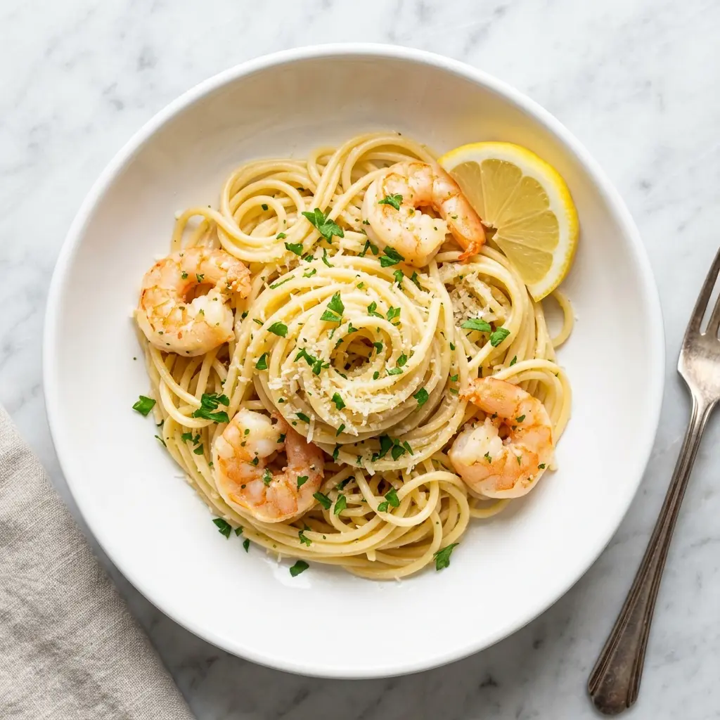 An overhead shot of lemon garlic butter shrimp pasta in a white bowl.