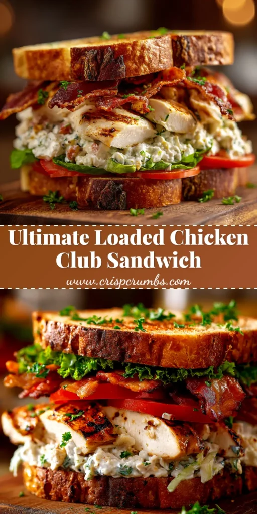 Loaded Chicken Club: The Ultimate Sandwich Recipe 4 A delicious Loaded Chicken Club sandwich cut into quarters and held together with toothpicks, revealing layers of chicken, bacon, lettuce, and tomato.