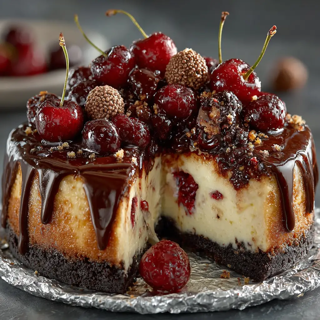 The process of swirling homemade cherry topping into the chocolate cheesecake batter in a springform pan before baking.