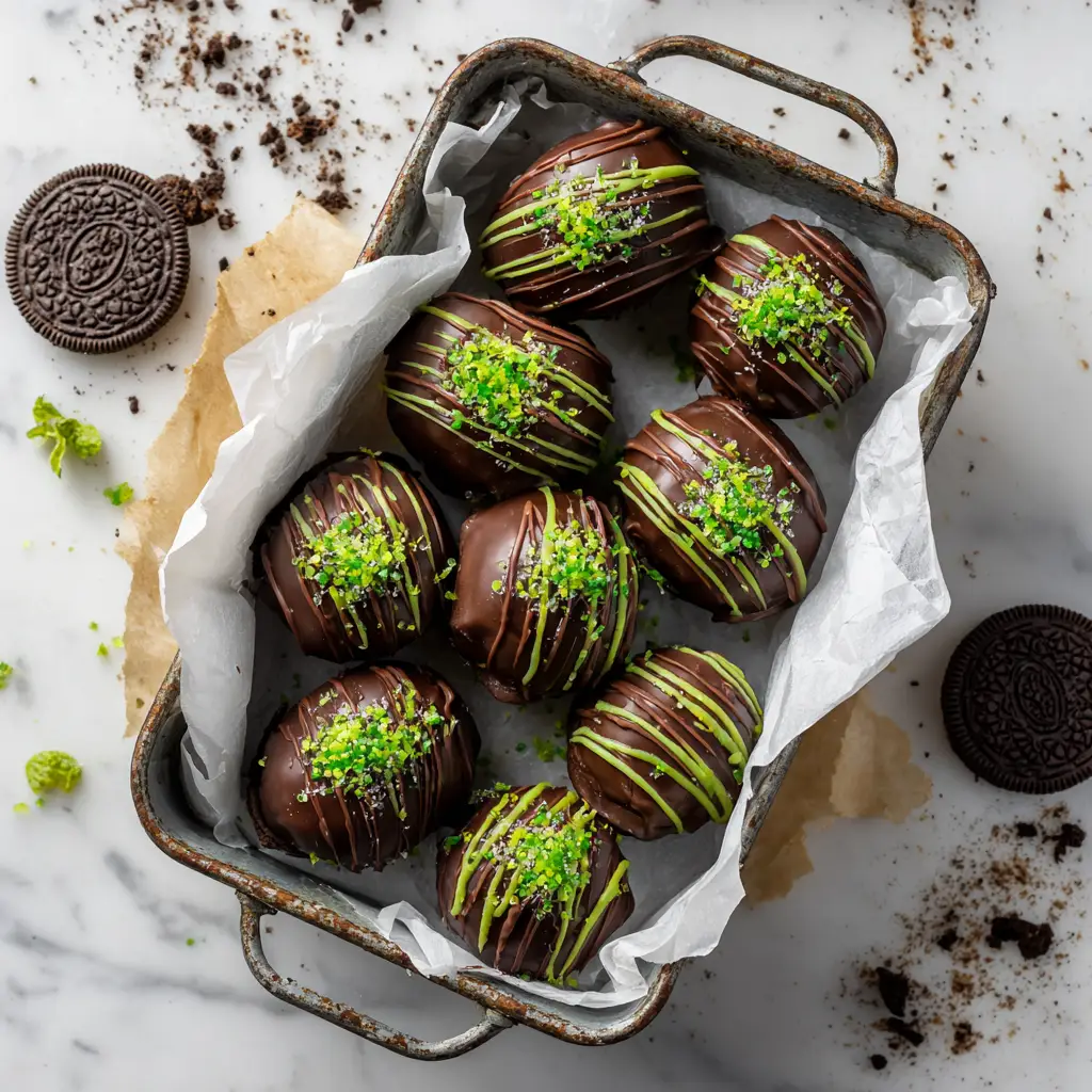 The process of making thin mint truffles, showing the cookie and cream cheese mixture being rolled into balls.