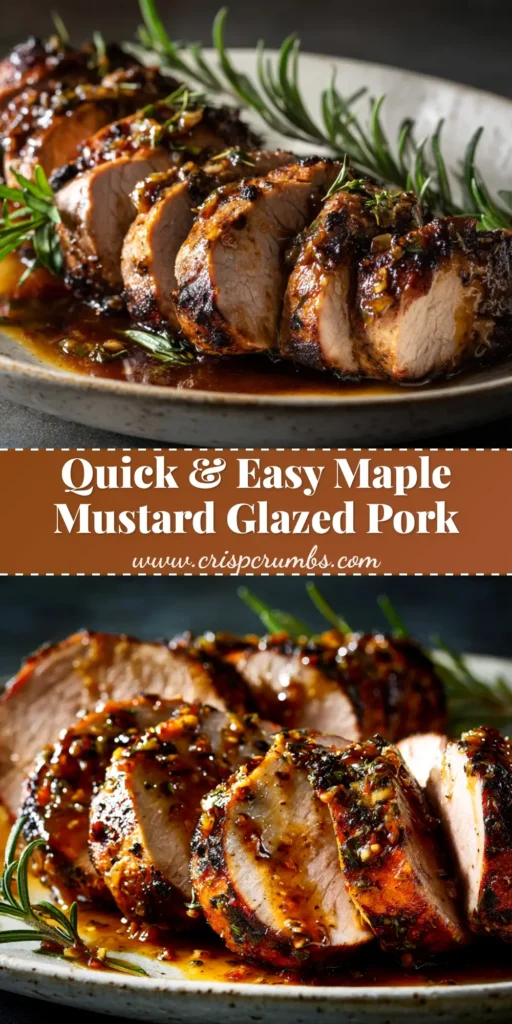 Maple Mustard Pork Tenderloin (Perfectly Juicy & Easy) 4 An overhead shot of a perfectly glazed Maple Mustard Pork Tenderloin, sliced to reveal a juicy interior, surrounded by fresh rosemary.