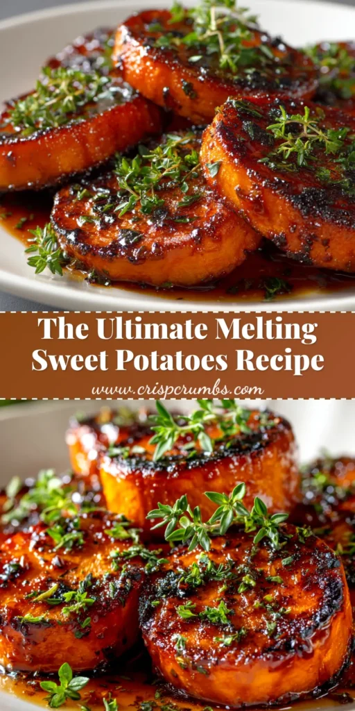 Melting Sweet Potatoes: The Ultimate Guide to Buttery, Tender Bliss 4 A shareable pin image showing a baking dish full of buttery, glistening Melting Sweet Potatoes, with text overlay for Pinterest.