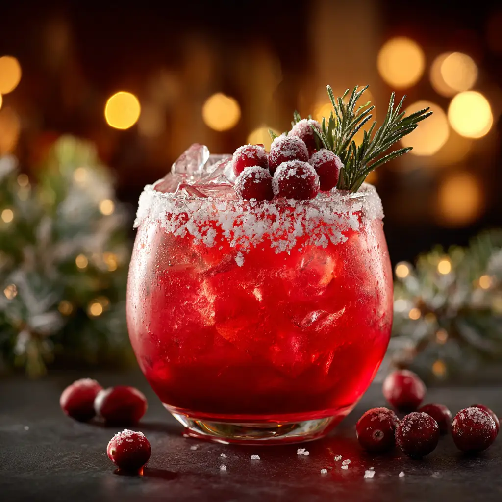 Two glasses of Mistletoe Margaritas ready for a Christmas party. The scene includes a cocktail shaker and a bowl of fresh cranberries in the background, conveying a celebratory atmosphere.