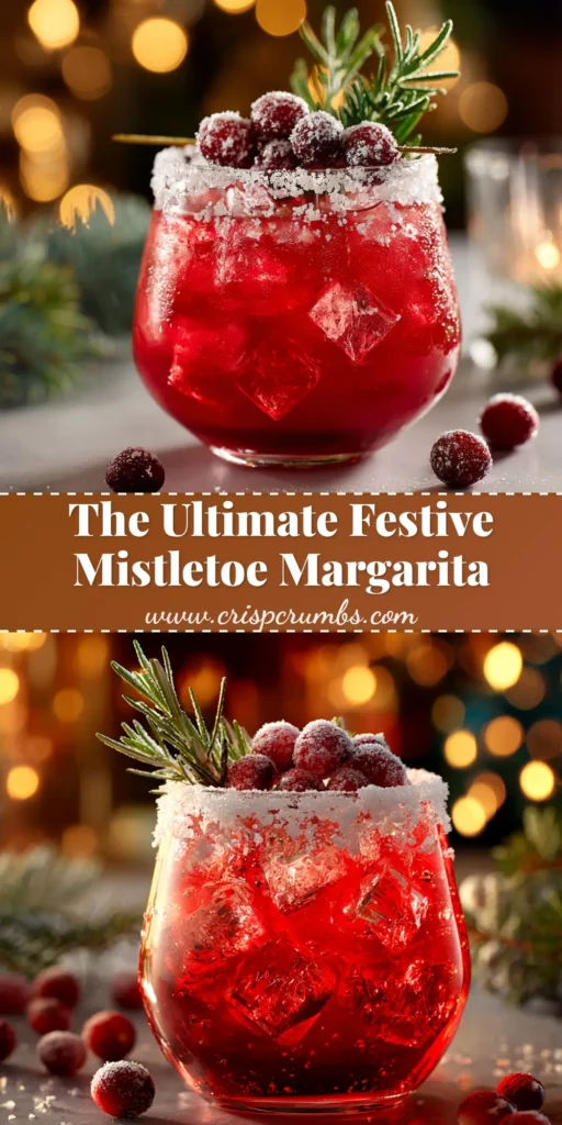 A tall pin image of a festive Mistletoe Margarita. The vibrant red cocktail is in a sugar-rimmed glass, garnished with fresh cranberries and a rosemary sprig. Text overlay reads: 'Easy Mistletoe Margarita - The Perfect Holiday Cocktail'.