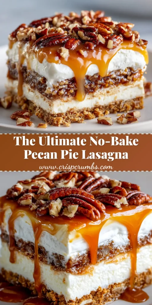 Pecan Pie Lasagna: The Ultimate No-Bake Dessert Recipe 3 A large, beautiful slice of no-bake Pecan Pie Lasagna on a white plate, showcasing its distinct layers of graham cracker crust, cream cheese, pudding, and a rich pecan topping.