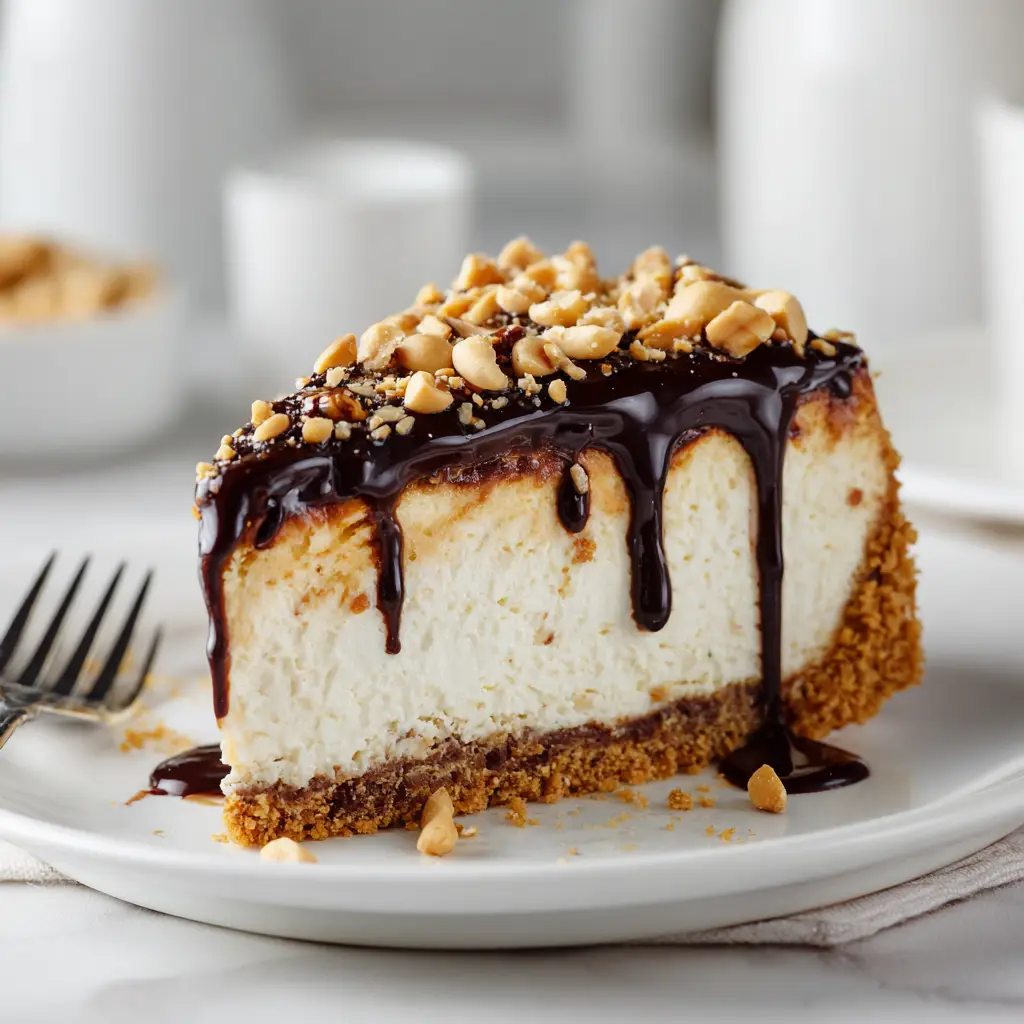Cottage Cheese Snickers Dessert (Viral TikTok Recipe) 1 The full loaf of the no-bake cottage cheese snickers dessert before being sliced, showing the glossy chocolate topping and peanut texture.