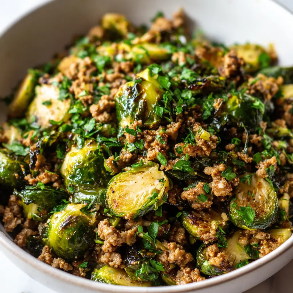 A spoonful of the finished ground turkey and Brussels sprouts dish being lifted from the skillet, ready to eat.