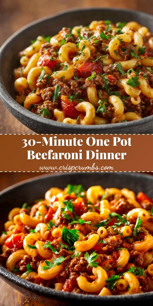 One Pot Beefaroni: The 30-Minute Comfort Food Classic 3 A skillet of cheesy One Pot Beefaroni, showcasing the savory ground beef, tender macaroni, and rich tomato sauce, ready to be served.