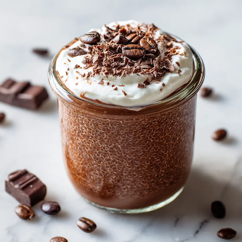 Two glasses of overnight mocha chia pudding ready to be served for a healthy breakfast meal prep. The pudding is dark and inviting.