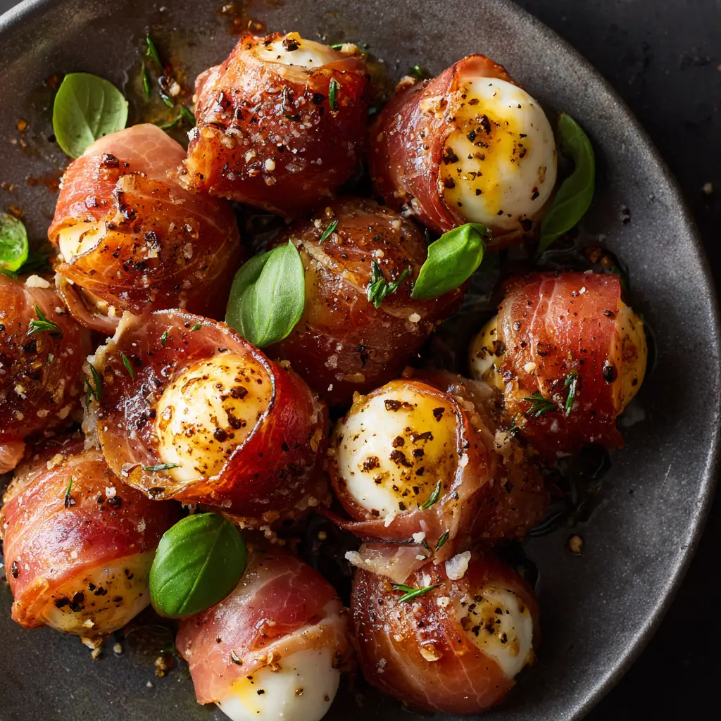 Prosciutto Wrapped Mozzarella: The Ultimate 3-Ingredient Appetizer 1 A detailed shot of pan-fried Prosciutto Wrapped Mozzarella showing the crispy texture of the prosciutto and a garnish of fresh basil leaves.
