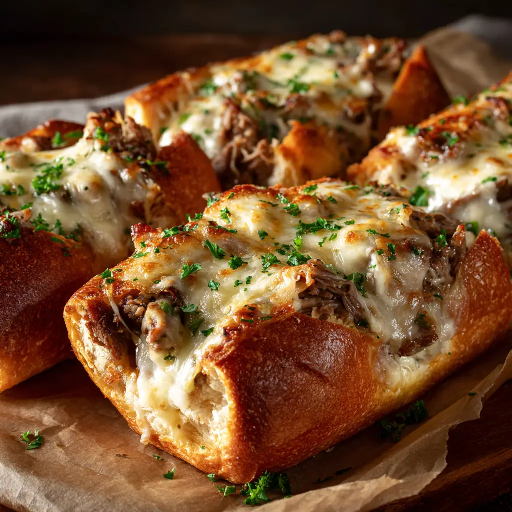 Philly Cheesesteak Stuffed Bread: The Ultimate Party Appetizer 1 A savory stuffed bread boat filled with Philly cheesesteak ingredients before being topped with more cheese and baked.