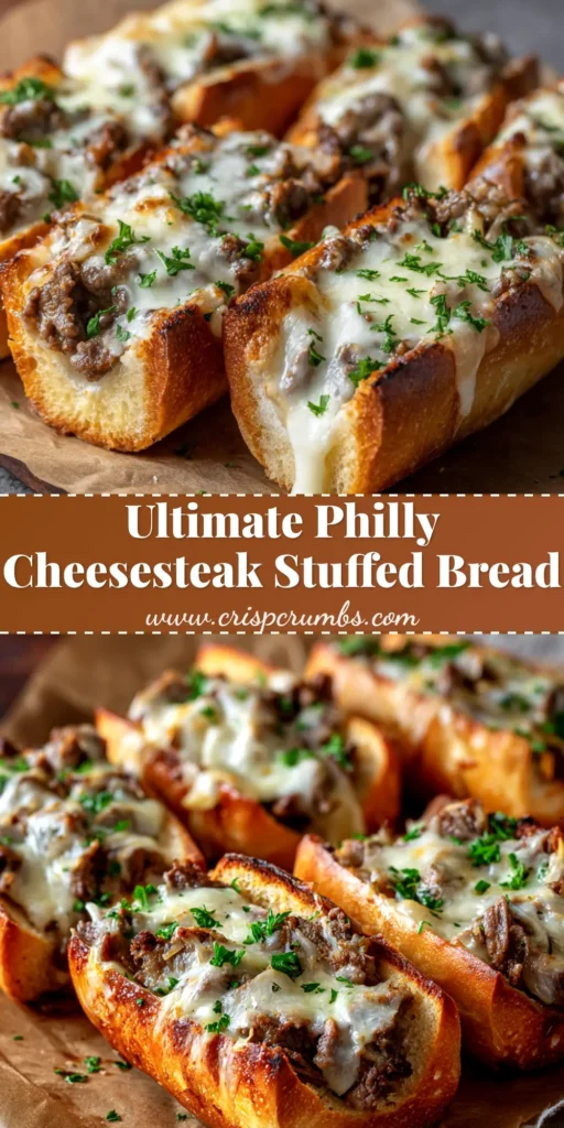 Philly Cheesesteak Stuffed Bread: The Ultimate Party Appetizer 3 A delicious Philly Cheesesteak Stuffed Bread cut into slices on a wooden board, showing the gooey, cheesy beef and pepper filling.