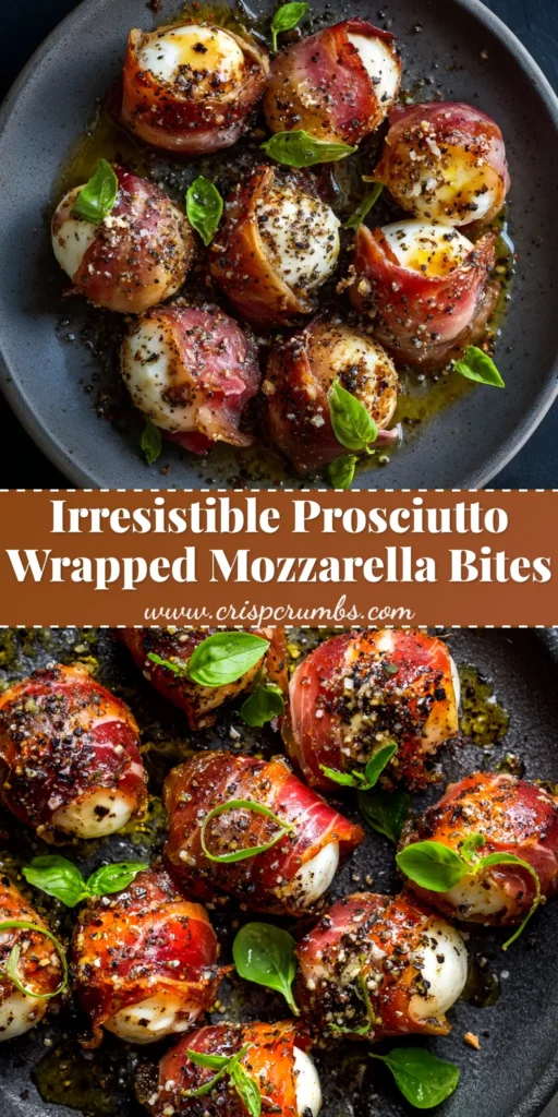 Prosciutto Wrapped Mozzarella: The Ultimate 3-Ingredient Appetizer 3 A close-up overhead shot of golden-brown Prosciutto Wrapped Mozzarella bites on a serving platter, drizzled with balsamic glaze and garnished with fresh basil. The perfect easy appetizer recipe.