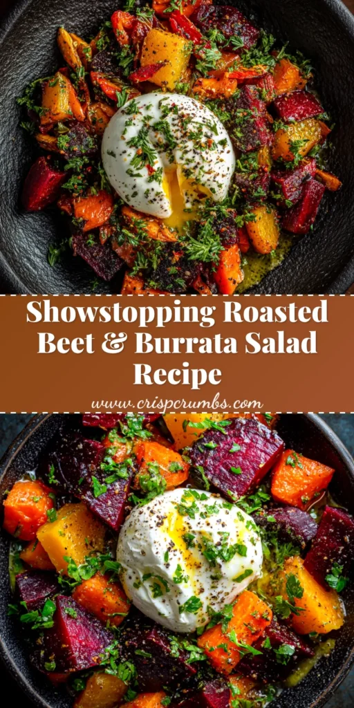A stunning overhead shot of a Roasted Beet and Burrata Salad, showcasing vibrant red beets, creamy burrata cheese, fresh arugula, and a drizzle of balsamic vinaigrette on a rustic platter.