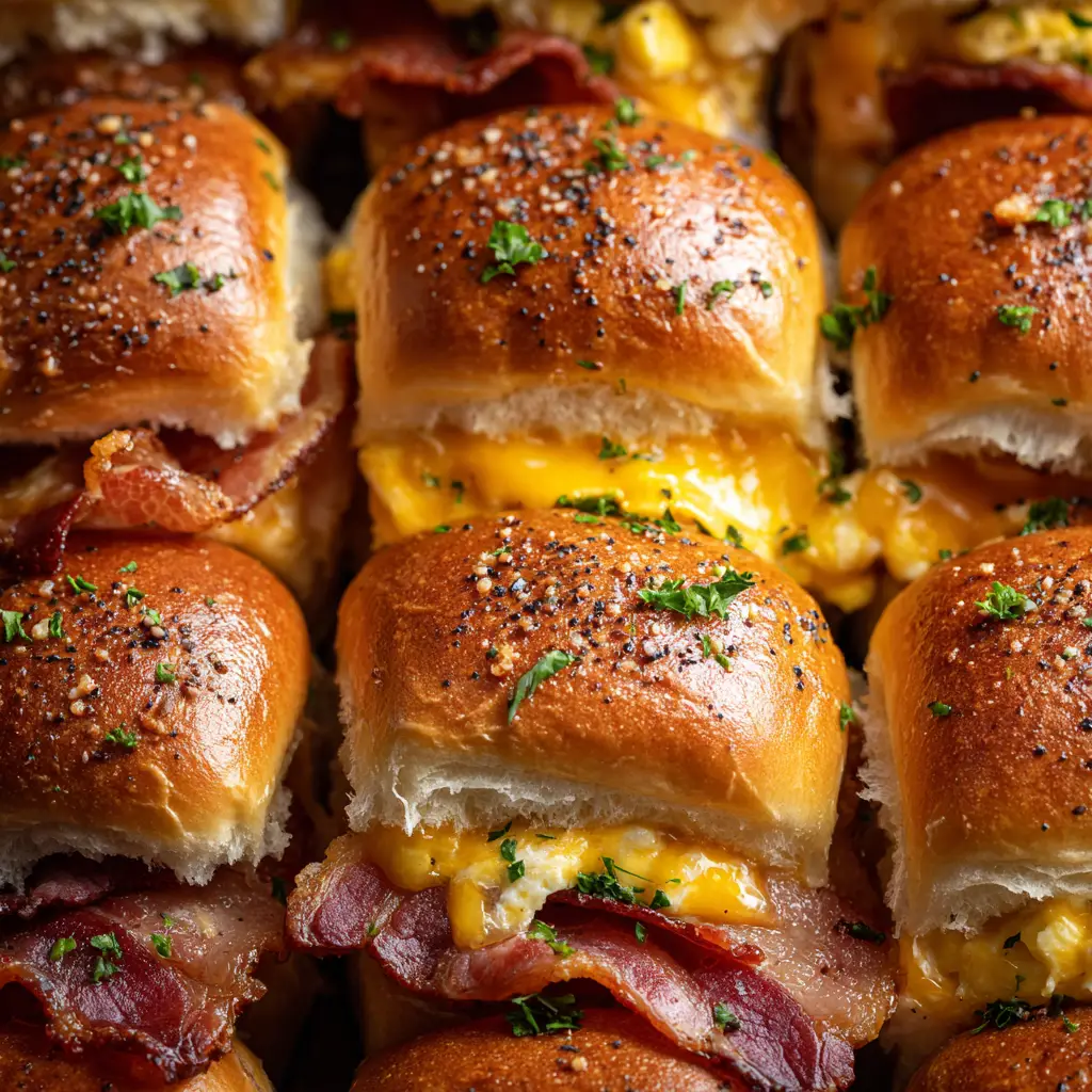 A single breakfast slider pulled from the pan, showing a perfect cross-section with melted cheese and savory filling.