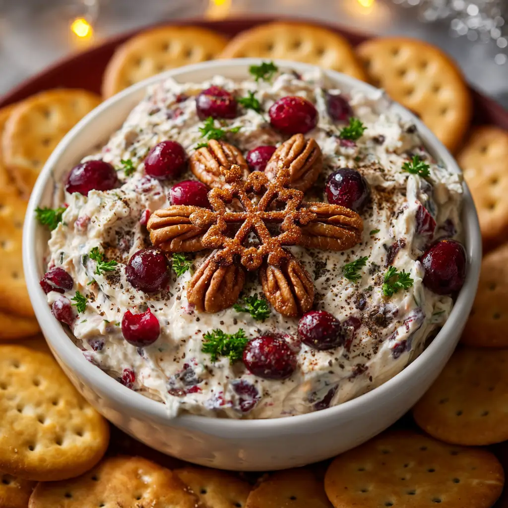 Cranberry Pecan Cream Cheese Dip (The Ultimate Holiday Appetizer) 1 A cracker being dipped into the Cranberry Pecan Cream Cheese Dip, showing the creamy texture of the spread.