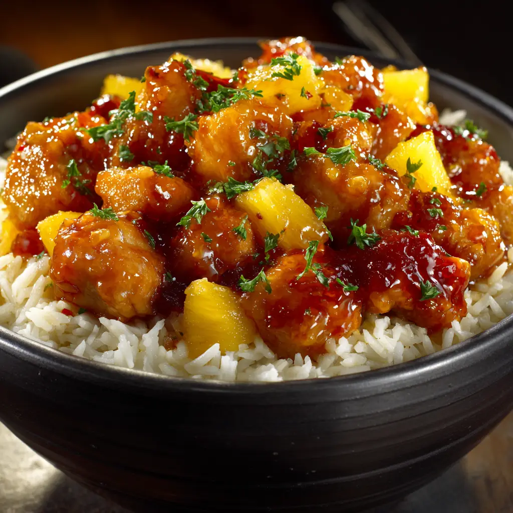Pineapple Chicken and Rice: A 30-Minute One-Pan Meal 1 A scoop of easy pineapple chicken stir fry being lifted from a skillet with a spoon.