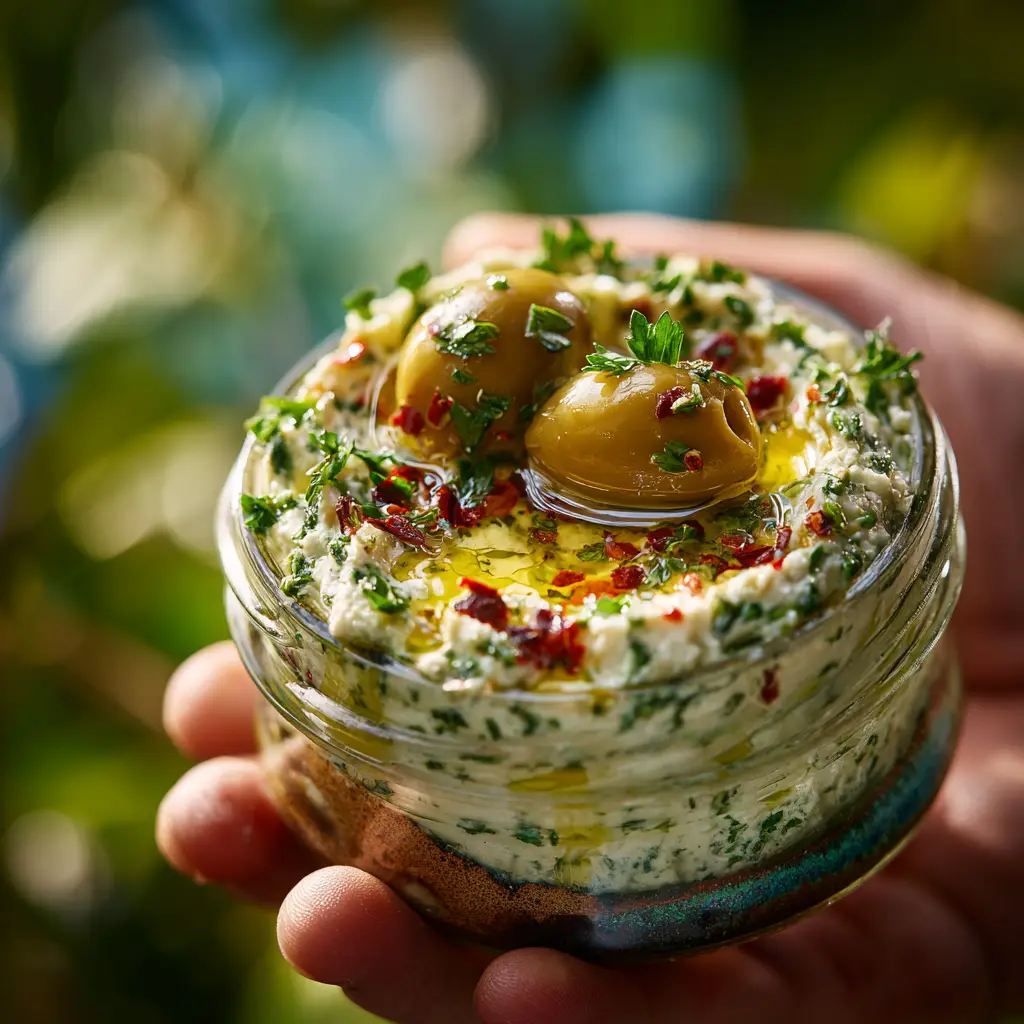 A platter featuring the Creamy Feta and Green Olive Dip surrounded by an assortment of dippers like pita triangles, cucumber slices, and bell pepper strips.