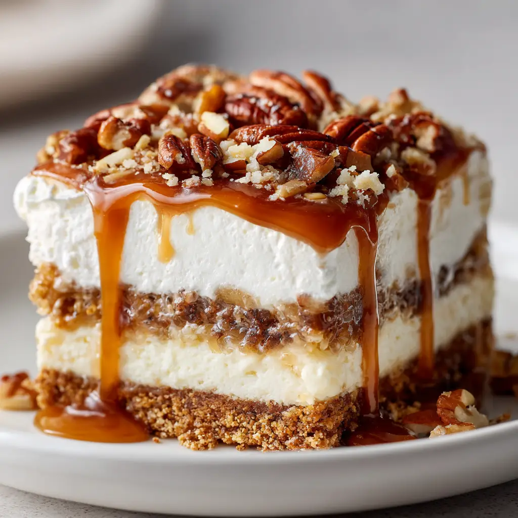 Pecan Pie Lasagna: The Ultimate No-Bake Dessert Recipe 1 A spatula lifting the first slice of Pecan Pie Lasagna from the pan, revealing the creamy and crunchy textures inside.
