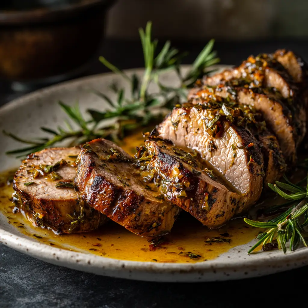Maple Mustard Pork Tenderloin (Perfectly Juicy & Easy) 1 Slices of maple mustard pork arranged on a plate, with fresh rosemary garnish and pan juices drizzled over the top.