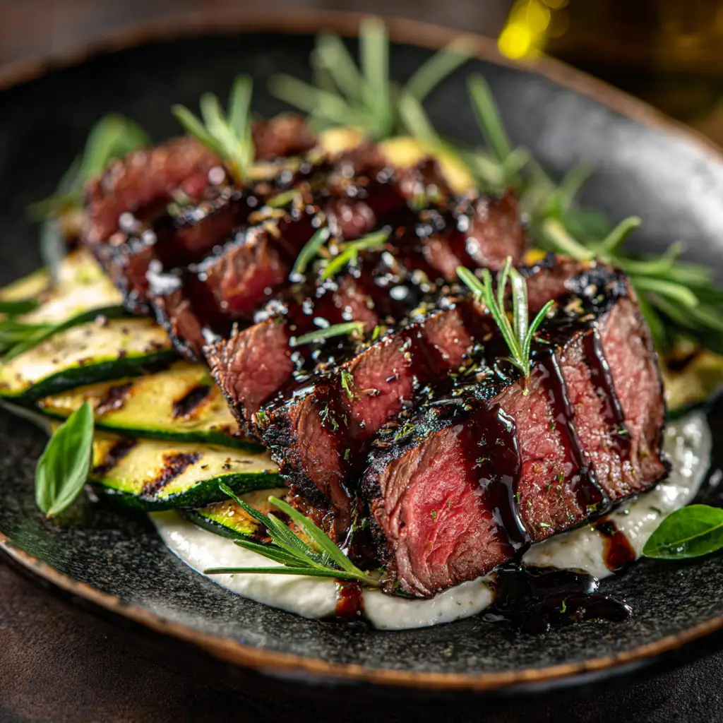 Balsamic Flank Steak (Juicy, Tender & Easy!) 1 A chef slicing the cooked balsamic flank steak against the grain on a wooden cutting board, with juices visible.