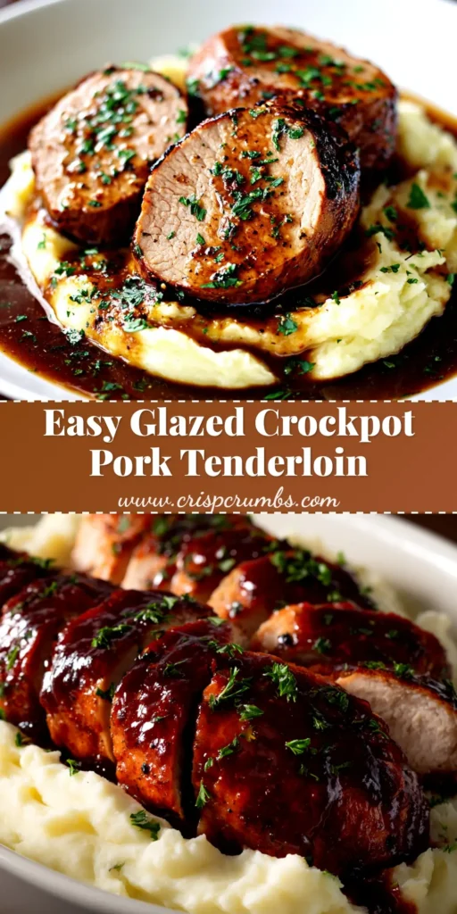 Juicy, sliced slow cooker pork tenderloin on a platter, drizzled with a rich brown gravy and garnished with fresh herbs. The perfect easy dinner recipe.