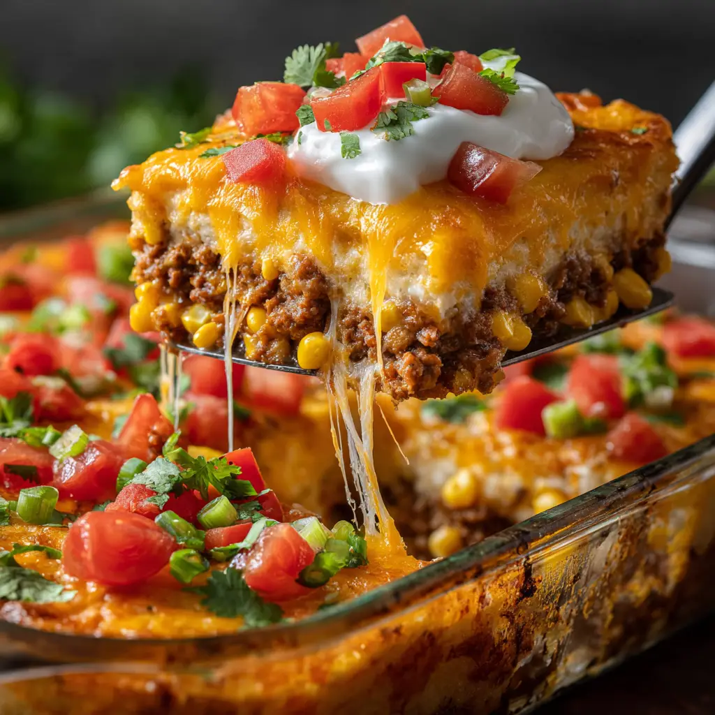Tex-Mex Casserole (The Easiest, Cheesiest Recipe!) 1 An extreme close-up of a serving of the baked Tex-Mex Casserole on a plate, garnished with fresh cilantro and a dollop of sour cream.