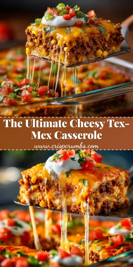 Tex-Mex Casserole (The Easiest, Cheesiest Recipe!) 4 An overhead shot of a delicious Tex-Mex Casserole in a baking dish, with a slice being lifted out showing cheesy layers of ground beef, corn, and beans.