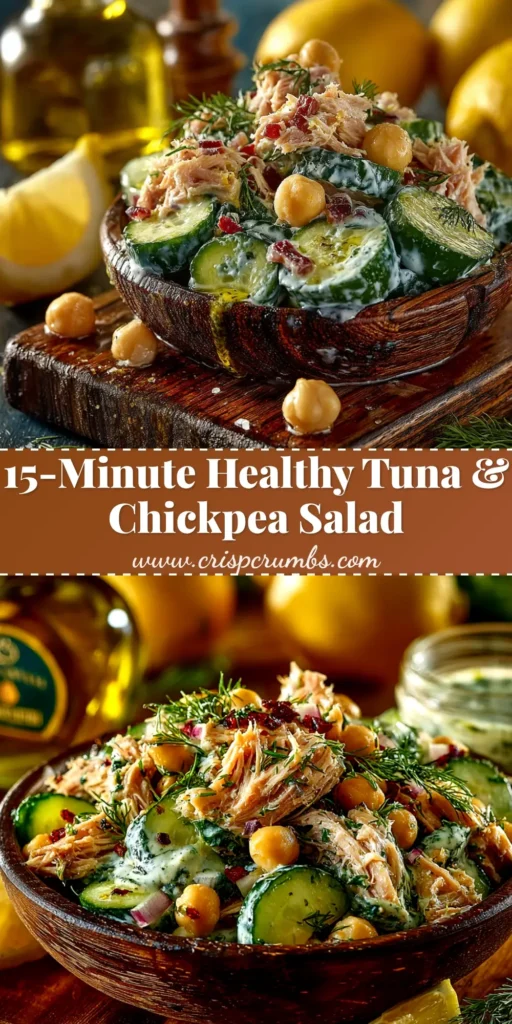 A close-up shot of a vibrant tuna chickpea salad in a white bowl, garnished with fresh dill. This healthy, no-mayo recipe is perfect for a quick lunch.