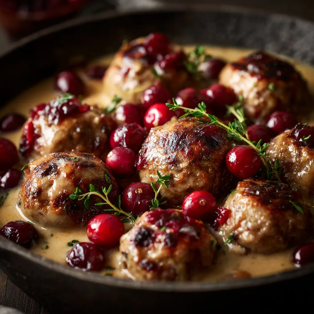 Cranberry Turkey Meatballs (The Only Recipe You'll Ever Need) 1 A close-up shot of several cranberry turkey meatballs simmering in the rich, red cranberry chili sauce in a skillet.