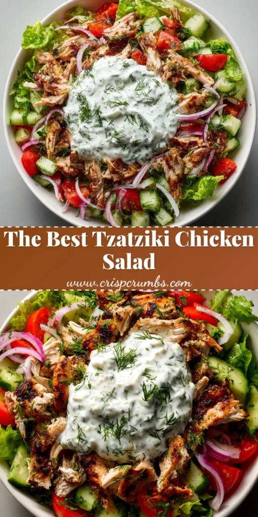 Tzatziki Chicken Salad: A Refreshing & Easy Recipe 3 A bright overhead shot of creamy Tzatziki Chicken Salad in a white bowl, garnished with fresh dill. Perfect for a healthy and easy lunch recipe.