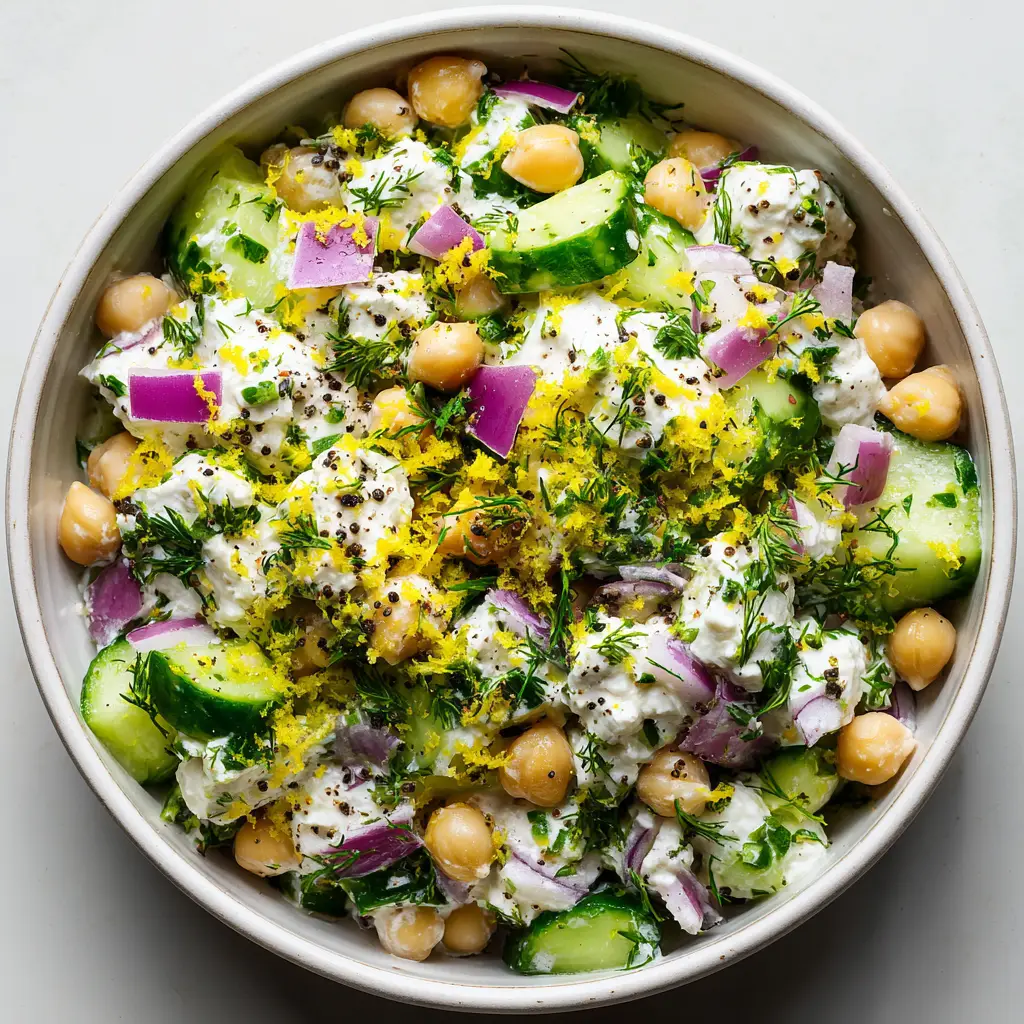 Cottage Cheese Chickpea Salad (The Creamiest, High-Protein Lunch!) 1 A fresh bowl of healthy chickpea salad with cottage cheese, garnished with fresh herbs and ready to be served.