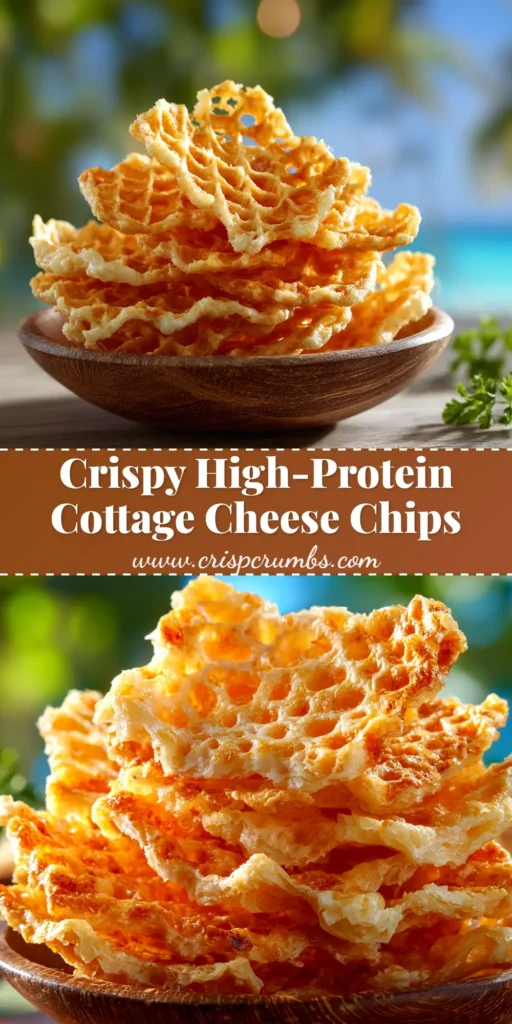 A close-up shot of crispy, golden brown Cottage Cheese Chips piled in a white bowl, ready to be eaten. A hand is reaching in to grab a chip.