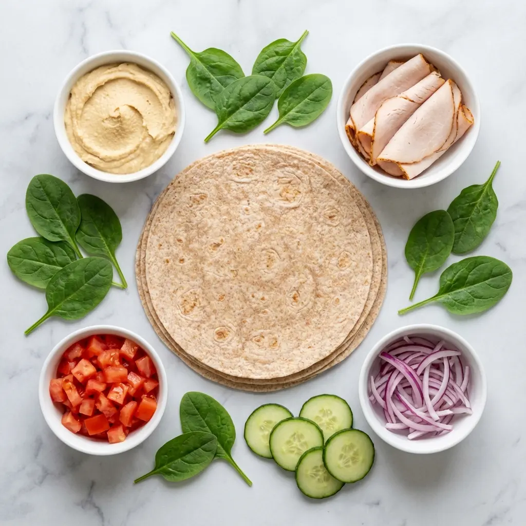 Overhead view of ingredients for a turkey hummus wrap: whole wheat tortillas, hummus, turkey, spinach, tomato, and cucumber.