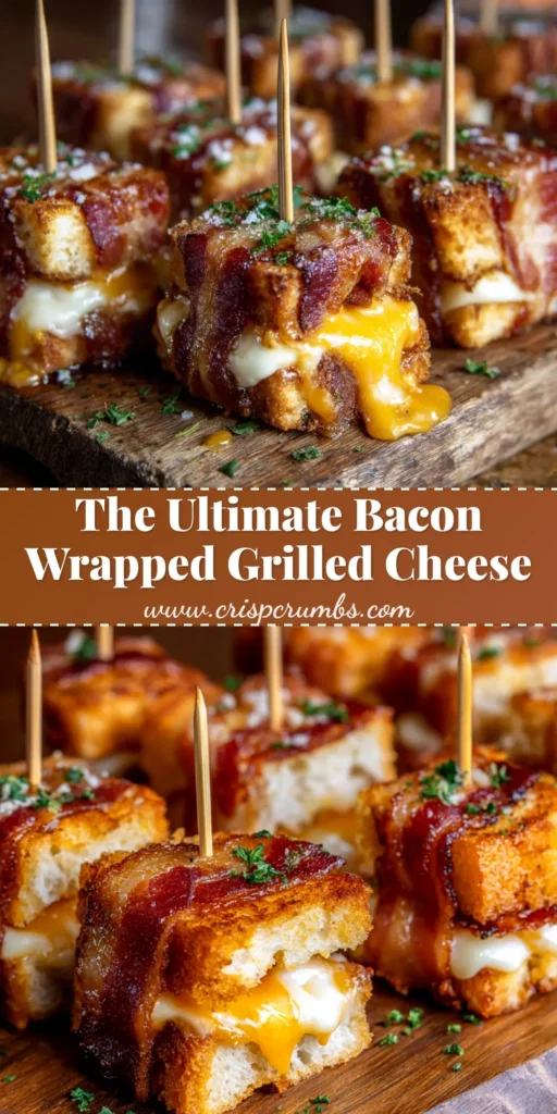 A perfectly cooked Bacon Wrapped Grilled Cheese sandwich cut in half to show the gooey, melted cheese inside, ready to be pinned.