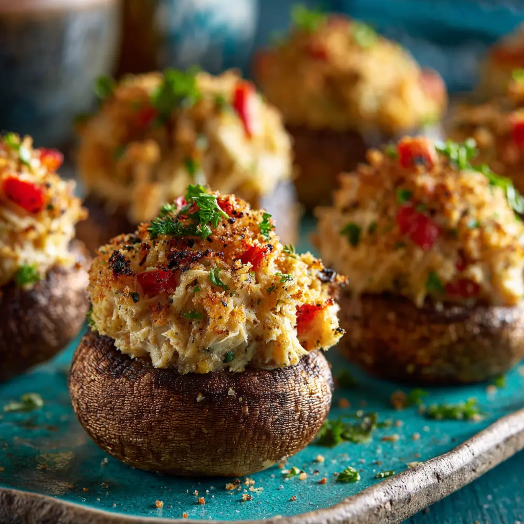 Crab-Stuffed Mushrooms: The Ultimate Foolproof Recipe 1 A batch of easy crab-stuffed mushrooms fresh out of the oven, with golden-brown Panko topping and bubbling filling. The perfect appetizer.