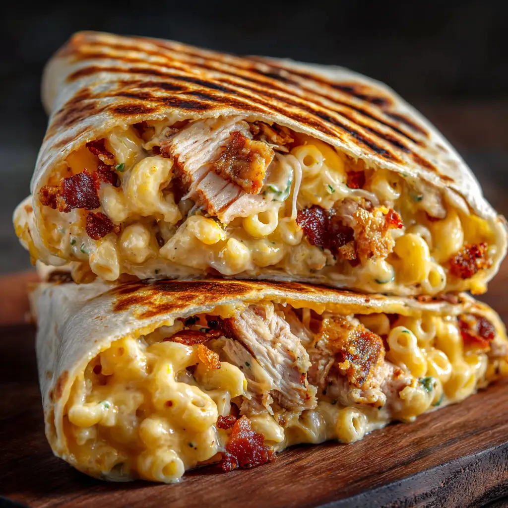 A sliced BBQ pork and mac wrap showing the delicious layers of filling before being served.