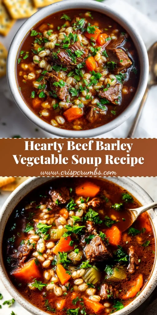 Beef Barley Vegetable Soup: The Ultimate Comfort Recipe 3 A close-up shot of a white bowl filled with rich Beef Barley Vegetable Soup, garnished with fresh parsley. The perfect hearty winter meal.
