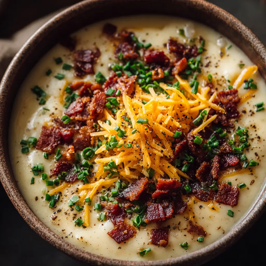 Loaded Potato Soup: The Ultimate Creamy & Comforting Recipe 1 A beautiful overhead view of a bowl of the best loaded baked potato soup, filled with chunks of potato, bacon, and cheese, ready to be served.