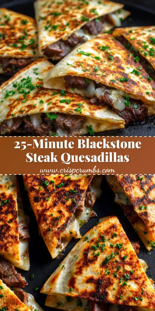 Blackstone Steak Quesadillas (The BEST Griddle Recipe!) 3 An overhead shot of delicious Blackstone Steak Quesadillas sliced into wedges and served on a platter. The quesadillas are golden brown and filled with juicy steak, peppers, and melted cheese.