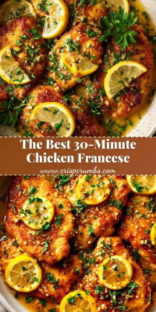 Chicken Francese Recipe (The BEST Silky Lemon Sauce!) 4 A beautiful platter of Chicken Francese, with golden-brown chicken cutlets covered in a silky lemon butter sauce and garnished with fresh parsley.