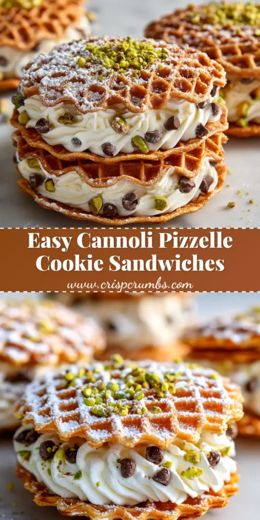 A platter of Chocolate Cannoli Pizzelle Sandwiches, showing the crispy chocolate cookies and creamy, chocolate chip-filled center. The dessert is dusted with powdered sugar.